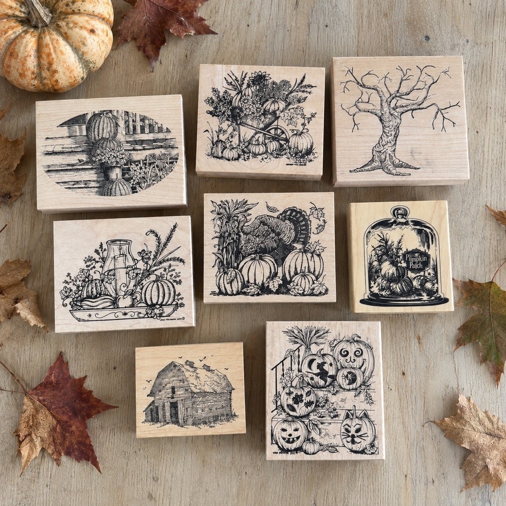 Vintage Lot of 8 Oversized Autumn Halloween Harvest Wood Mounted Rubber Stamps